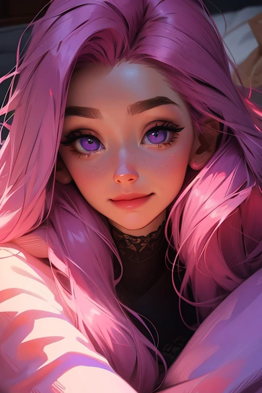 Perfect face. Perfect hands. A pink haired woman with violet eyes with an hourglass figure in pajamas is laying underneath the blankets with a tired smile.