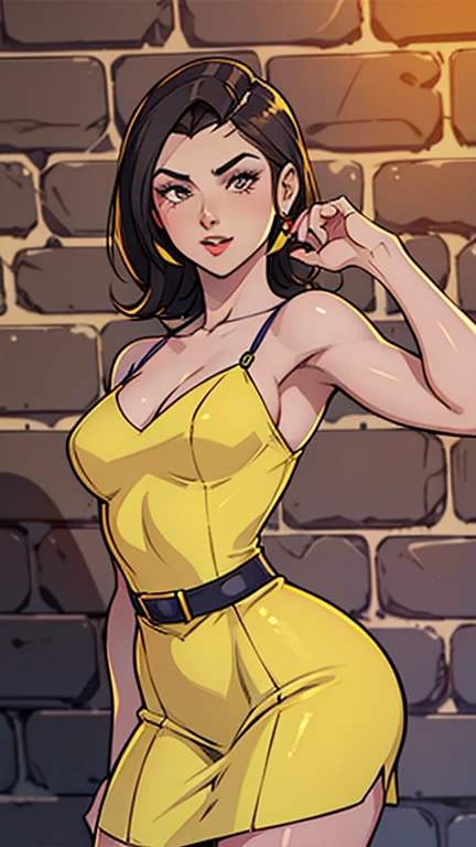 Araffe woman in a yellow dress leaning on a brick wall., Ivan Talavera and Artgerm style, faye valentine, Pinup, James Gurney style of painting, comic pinup style, Pinup style, Retro Pinup Model, Full portrait, Artgerm and Gil Elvgren, Faye Valentine de Cowboy Bebop, gil elvgren style, Pinup Model