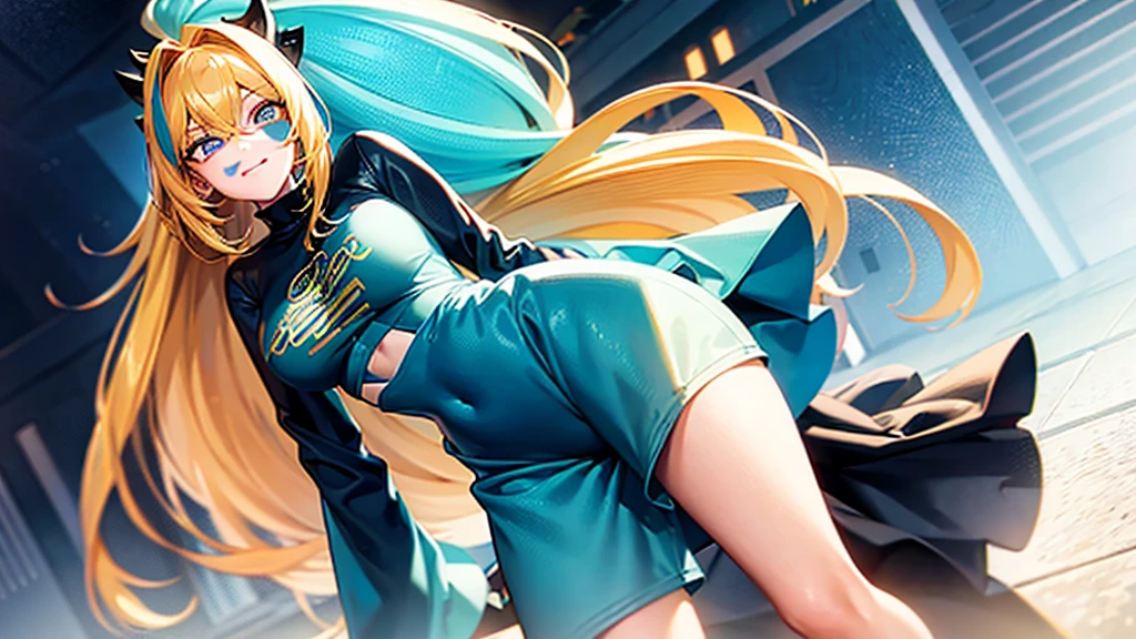 18 year old beautiful girl, long cyan hair, big cyan eyes, large breasts, and slender, 8K, top quality, (very detailed head: 1.0), (very detailed face: 1.0), (very detailed hair: 1.0), orange t shirt, black shorts, cyan air jordan shoes, orange socks, very detailed official artwork, anime moe art style, clean detailed anime art, smile, golden hair, smooth long hair with white background