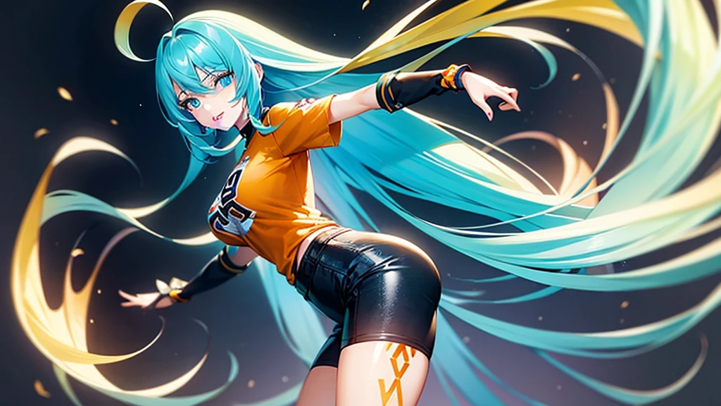 18 year old beautiful girl, long cyan hair, big cyan eyes, large breasts,  and slender, 8K, top quality, (very detailed head: 1.0), (very detailed face: 1.0), (very detailed hair: 1.0), orange t shirt, black shorts, cyan air jordan shoes, orange socks, very detailed official artwork, anime moe art style, clean detailed anime art, smile, golden hair, smooth long hair with white background