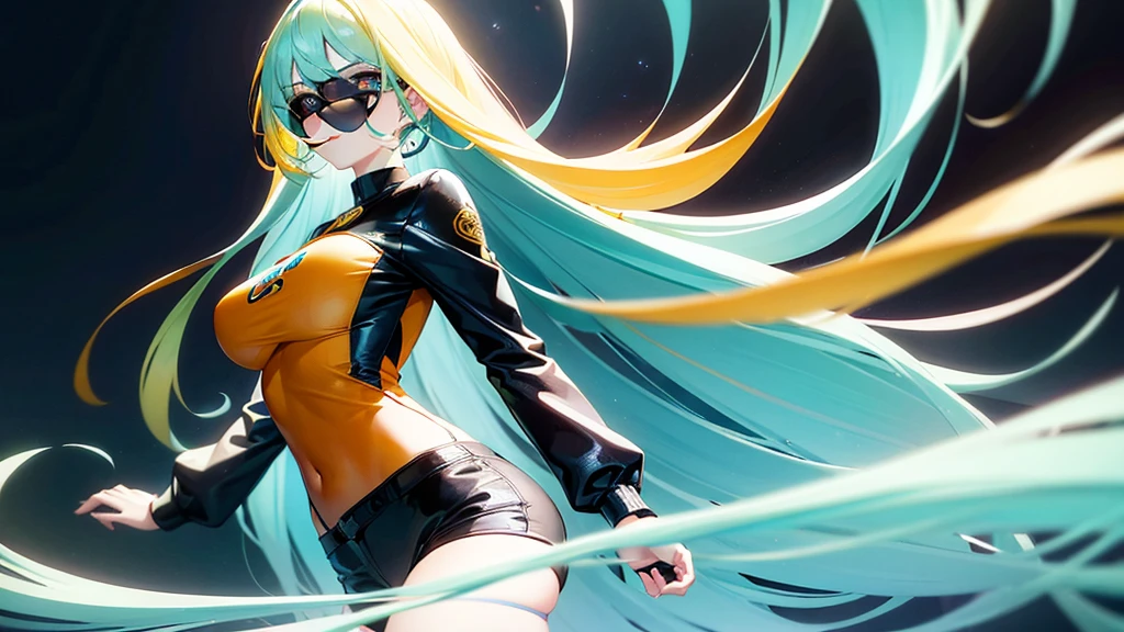 18 year old beautiful girl, long cyan hair, big cyan eyes, large breasts, and slender, 8K, top quality, (very detailed head: 1.0), (very detailed face: 1.0), (very detailed hair: 1.0), orange t shirt, black shorts, cyan air jordan shoes, orange socks, very detailed official artwork, anime moe art style, clean detailed anime art, smile, golden hair, smooth long hair with white background