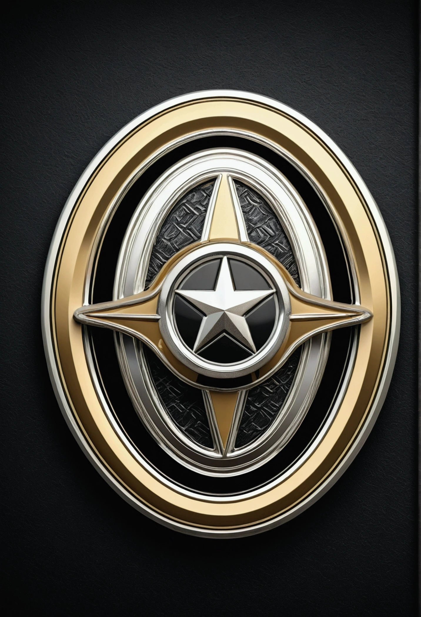 Emblem in the shape of a retro automobile, gold-colored and silver, with an uneven silver front, oval plate, patterned on a black background.
