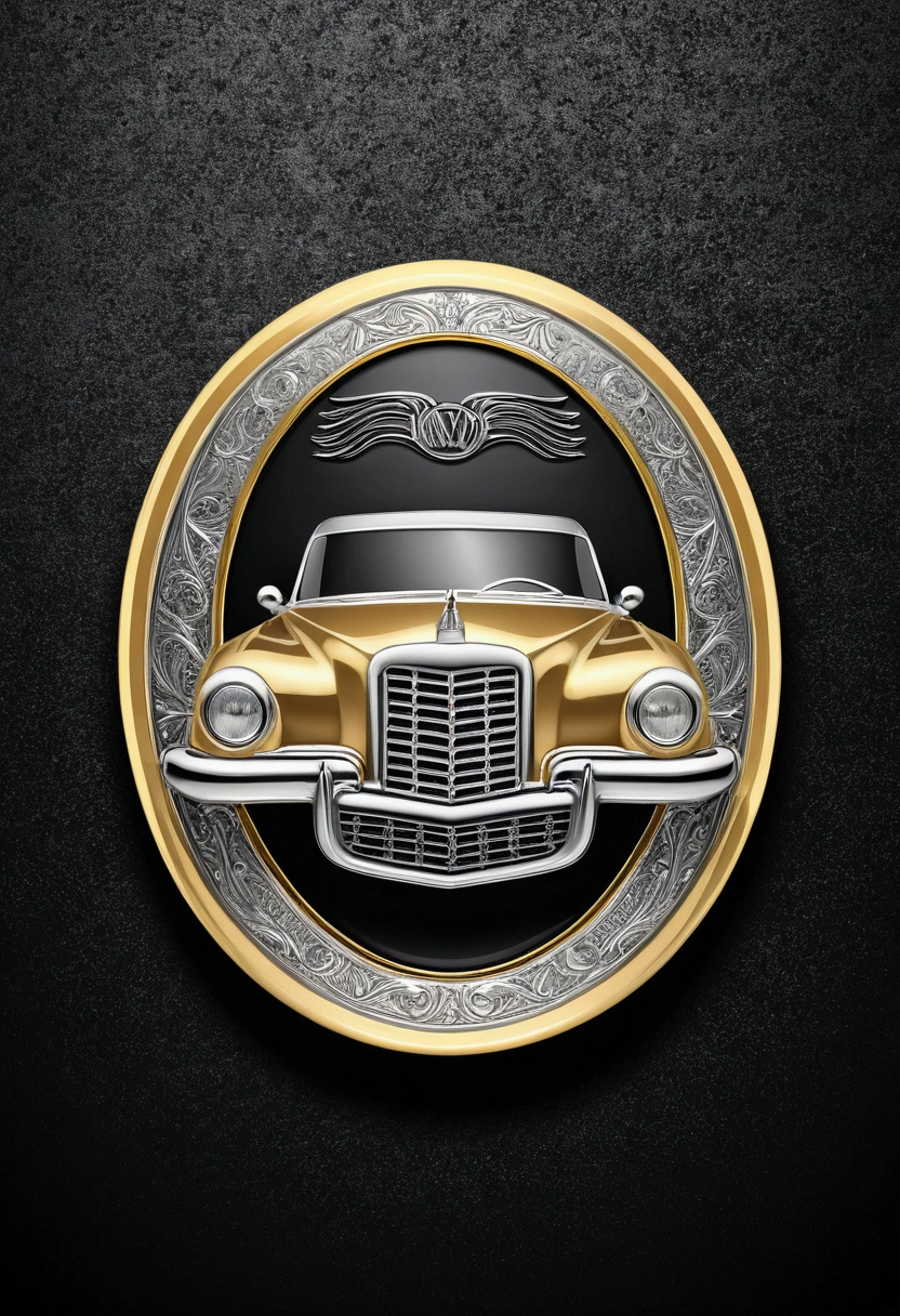 Emblem in the shape of a retro automobile, gold-colored and silver, with an uneven silver front, oval plate, patterned on a black background.