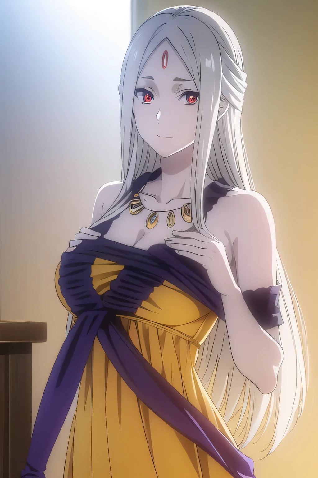 leonoranakiri, leonora nakiri, long hair, (red eyes:1.2), white hair, pale skin, (forehead:1.2), smile,
BREAK dress, cleavage, bare shoulders, jewelry, necklace, golden dress,
BREAK indoors,
BREAK looking at viewer, (cowboy shot:1.5),
BREAK (masterpiece:1.2), best quality, high resolution, unity 8k wallpaper, (illustration:0.8), (beautiful detailed eyes:1.6), extremely detailed face, perfect lighting, extremely detailed CG, (perfect hands, perfect anatomy),with female soldier