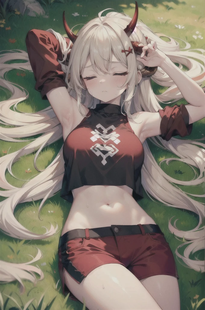 ((high quality)), ((masterpiece)), 8k, slim demon girl, white hair, ((red colored skin)), red short horns, wearing brown torn crop top, wearing torn brown shorts, exhausted, tired, extremely sweaty, sweaty, sweating body, lying down on the ground, grassy land, arms up, 1arm stretched up, closed eyes, ((sleepy facial expression)), ((blank stare)), ((head facing right side)),