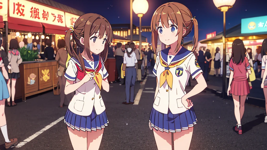 {of the highest quality], [Super beautiful], [Ultra Fine], [best illustration], NSFW,Brown hair, hime cut, by the wide, with bangs, Girl,high school student,uniform,weave,short sleeve,Skirt,smile, blush, Thin women, adult women,standing posture,(public),night park,summer festival,diagonal, Navy Blue Knee High Socks,black bread