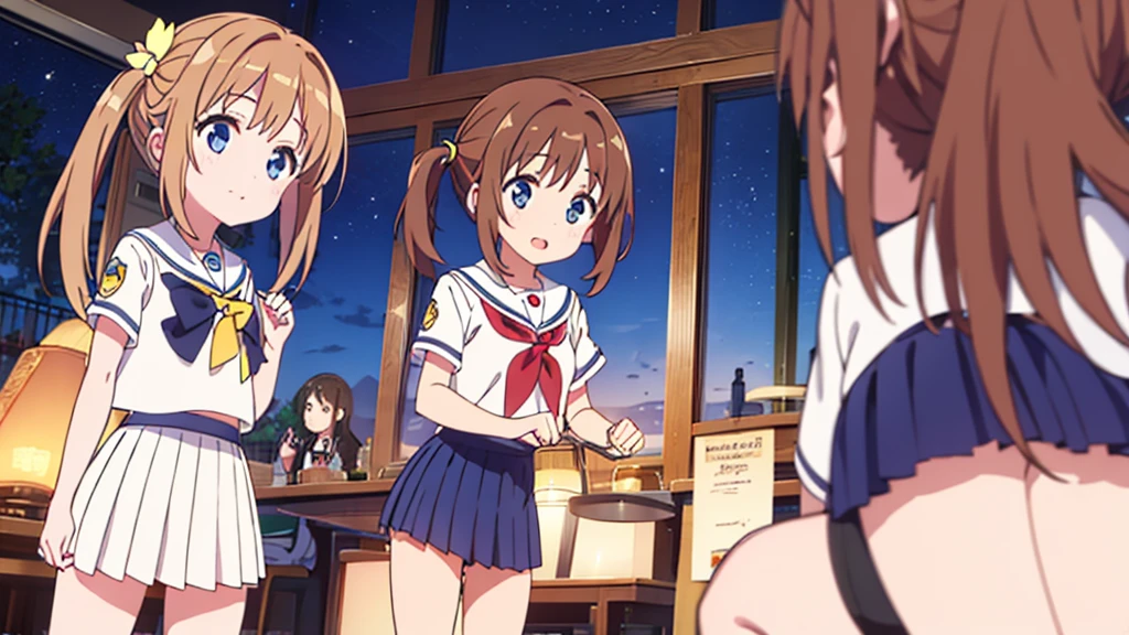 {of the highest quality], [Super beautiful], [Ultra Fine], [best illustration], NSFW,Brown hair, hime cut, by the wide, with bangs, Girl,high school student,uniform,weave,short sleeve,Skirt,smile, blush, Thin women, adult women,standing posture,(public),night park,summer festival,diagonal, Navy Blue Knee High Socks,black bread