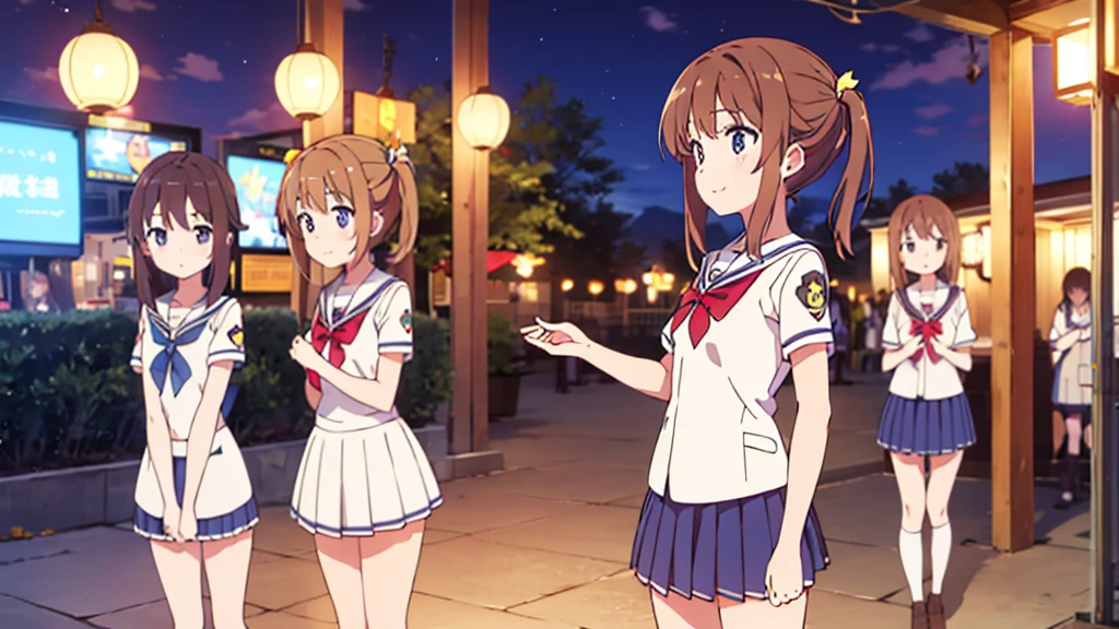 {of the highest quality], [Super beautiful], [Ultra Fine], [best illustration], NSFW,Brown hair, hime cut, by the wide, with bangs, Girl,high school student,uniform,weave,short sleeve,Skirt,smile, blush, Thin women, adult women,standing posture,(public),night park,summer festival,diagonal, Navy Blue Knee High Socks,black bread