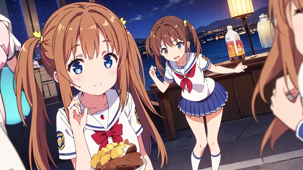 {of the highest quality], [Super beautiful], [Ultra Fine], [best illustration], NSFW,Brown hair, hime cut, by the wide, with bangs, Girl,high school student,uniform,weave,short sleeve,Skirt,smile, blush, Thin women, adult women,standing posture,(public),night park,summer festival,diagonal, Navy Blue Knee High Socks,black bread