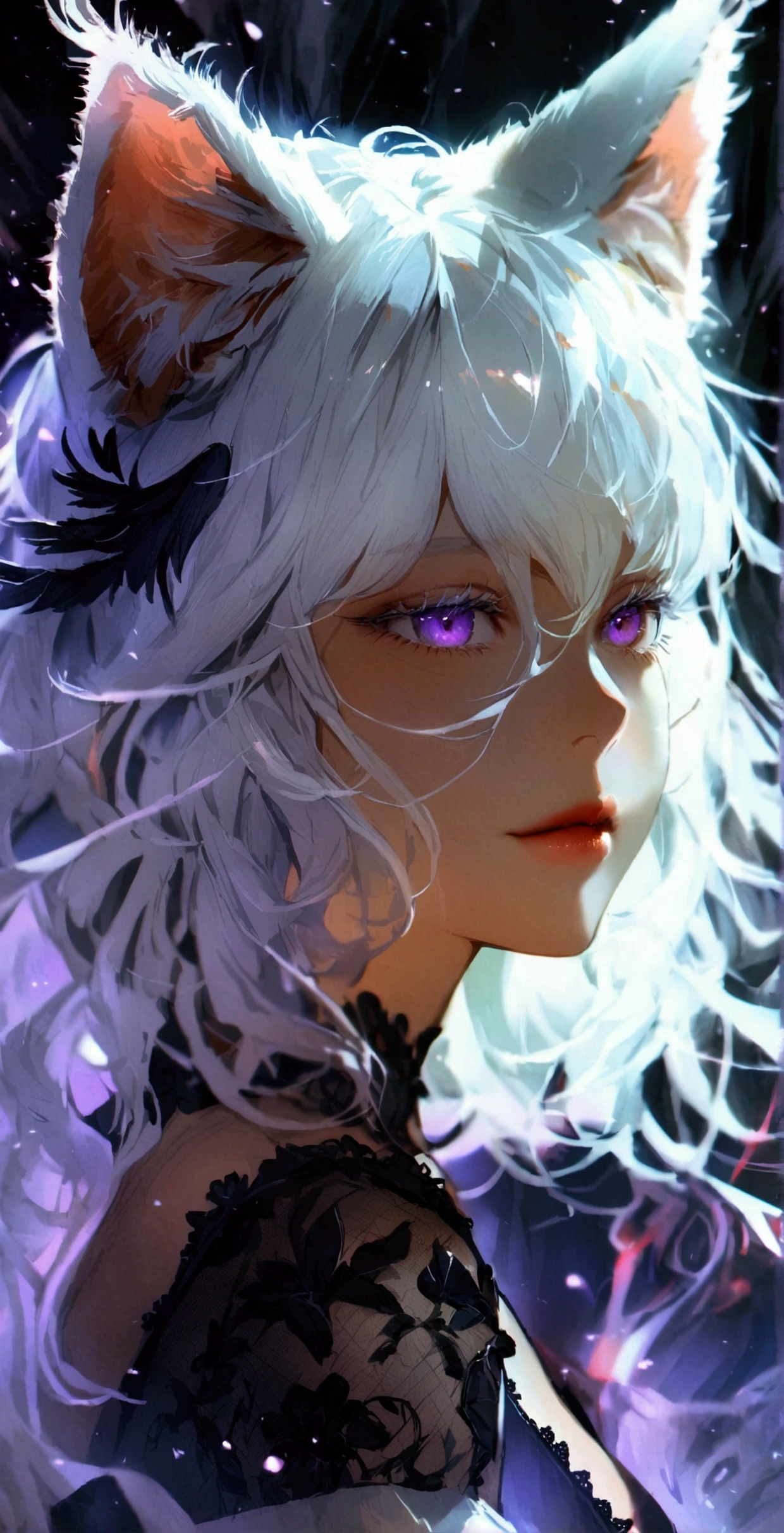 Knee-length wavy hair,White hair is charming, Detailed and precise manual work, Attractive girl, White cat ears,, Purple eyes and white eyelashes,Black Wings,Dark night sky,Dress, Smoke surrounds the body