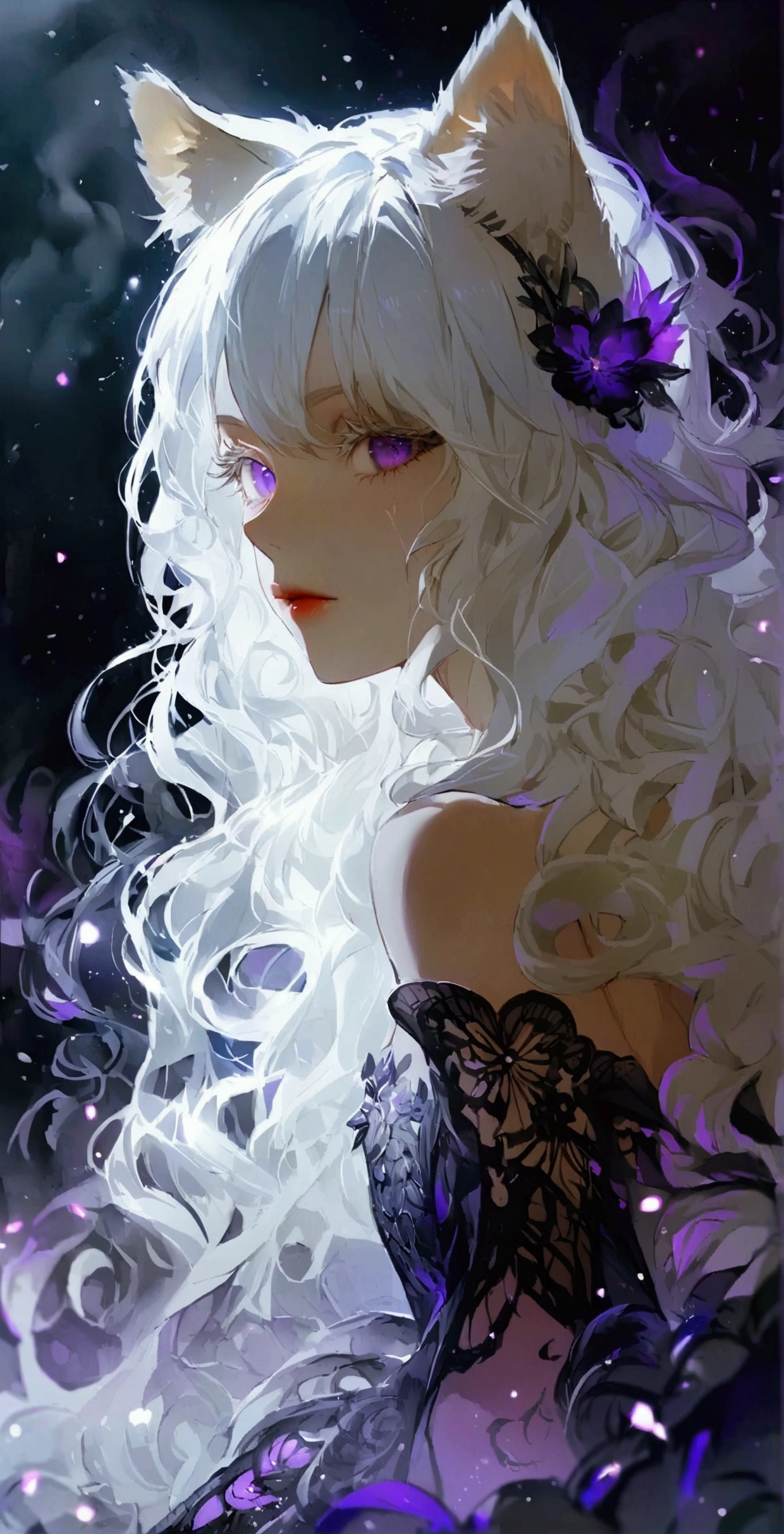 Knee-length wavy hair,White hair is charming, Detailed and precise manual work, Attractive girl, White cat ears,, Purple eyes and white eyelashes,Black Wings,Dark night sky,Dress, Smoke surrounds the body