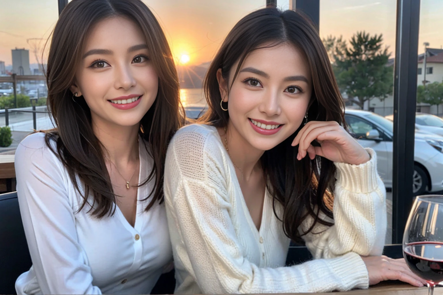 （Realistic:1.1）,(masterpiece,Highest quality)，8k,(44 years old), 47 years old, slimカップル、Model Couple、actress/actor、Tight waist,Upper Body,full-course dinner、wine 、Amazing view of the sunset sky and clouds、Perfect ???????, Brown Hair, short hair,Random Hairstyles,((Highly detailed face and eyes:1.2))(cute顔:1.4)，美しいactressの顔，Perfect golden ratio face，Long sleeve shirt、dress,(smile:1.2)、Shortcuts、cute、(Realistic, Intricate details:1.2), A bright smile、short hair,Bright Face、赤wine 、Appetizers、Italian food、wine bottle、Champagne、スパークリングwine、(slimな顔), (The body is slim), (Brown Hair), (Shortcuts),  Upper Body, 白wine, slim, wineグラス, 