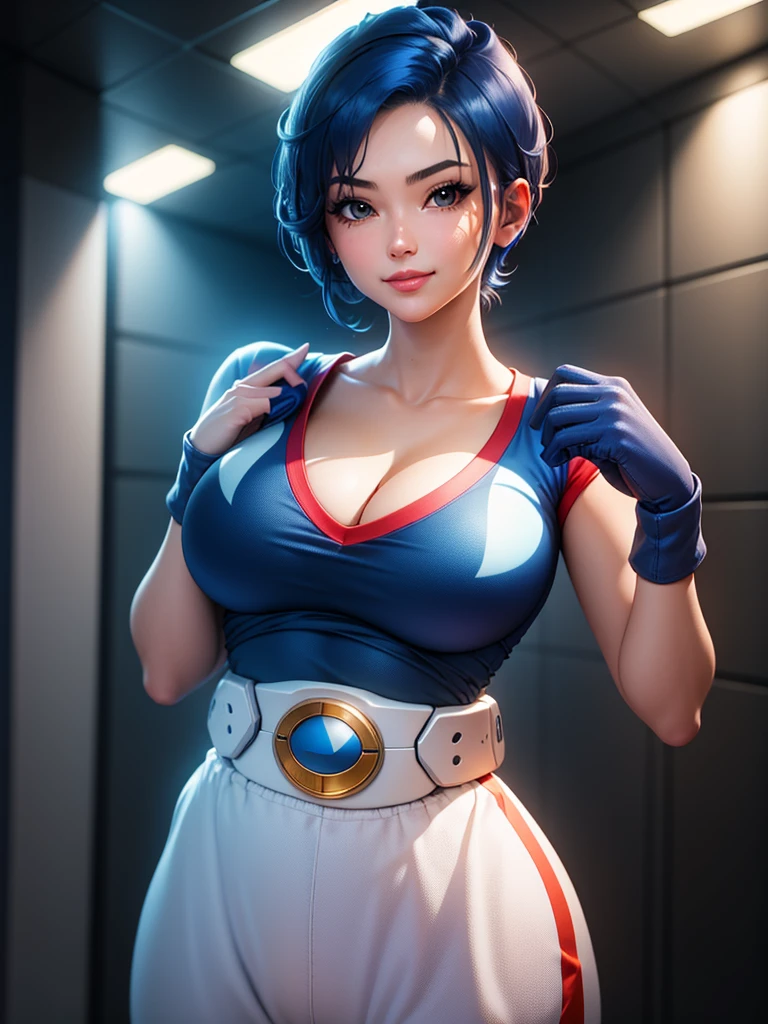 (at night), in a video game scene, a background of a beautiful city during the day raining, standing at attention, semi-short blue hair, goggles on top of her head, blue shirt on her chest, she has the face of a smiling frog type logo, big belt on the waist, blue fingerless gloves, white exercise pants, ((blue hair)), 1 girl, alone, 20 years old, young woman, perfect hands, beautiful fingers, beautiful long legs, beautiful body, beautiful nose, beautiful character design, perfect face, looking at the viewer with serious gesture (focusing on his face), closed mouth, Light_Smile, official art, extremely detailed CG unity 8k wallpaper, perfect lighting, bright and colorful front lighting, skin glossy (masterpiece: 1.0), (best_quality: 1.0), ultra high resolution, 4K, ultra detailed photography, 8K, HDR, high resolution, nonsense:1.2, Kodak portra 400, film grain, blurred background, bokeh:1.2, lens flare, (vibrant_color:1.2), professional photography, (Beautiful, breasts: 1.4), (beautiful_face: 1.5), (narrow waist),