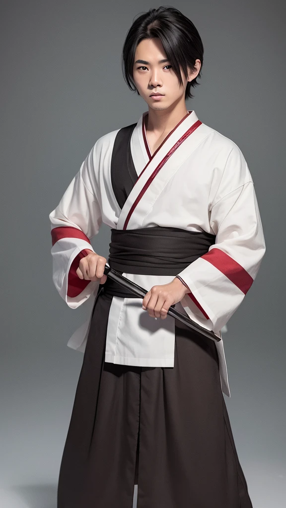 Create a young good young boy with japanese style cloth old ages with a katana black hair red eyes and full body
