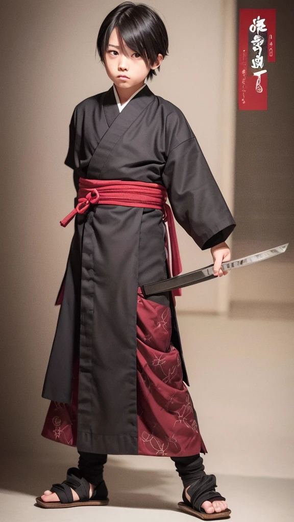 Create a young good young boy with japanese style cloth old ages with a katana black hair red eyes and full body