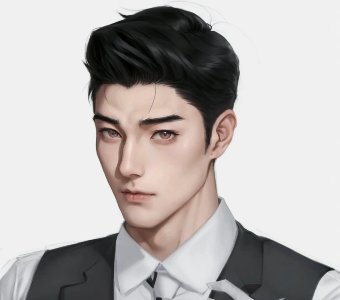 There is a drawing of a man wearing a tie and vest., Inspiration from Zhang Han, Inspiration from Kim Deuksin, Inspiration from Yan Juncheng, Inspired by Russell Dongjun Lu, Inspiration from Kang Se Hwang, Inspiration from Junggeun Lee, Inspired by Bian Shoumin, Inspired by Byeon Sang-byeok, Inspired by Sim Sa Jung