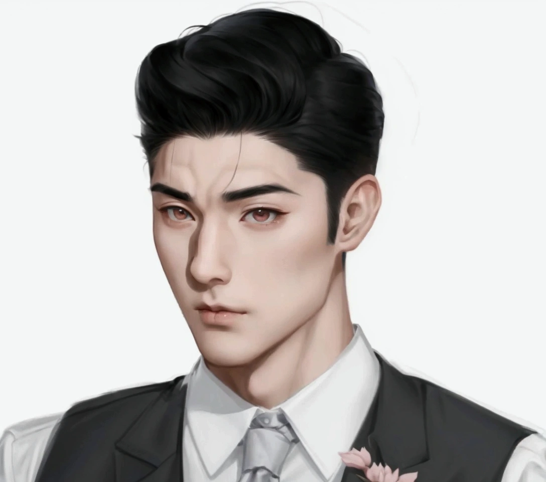 There is a drawing of a man wearing a tie and vest., Inspiration from Zhang Han, Inspiration from Kim Deuksin, Inspiration from Yan Juncheng, Inspired by Russell Dongjun Lu, Inspiration from Kang Se Hwang, Inspiration from Junggeun Lee, Inspired by Bian Shoumin, Inspired by Byeon Sang-byeok, Inspired by Sim Sa Jung