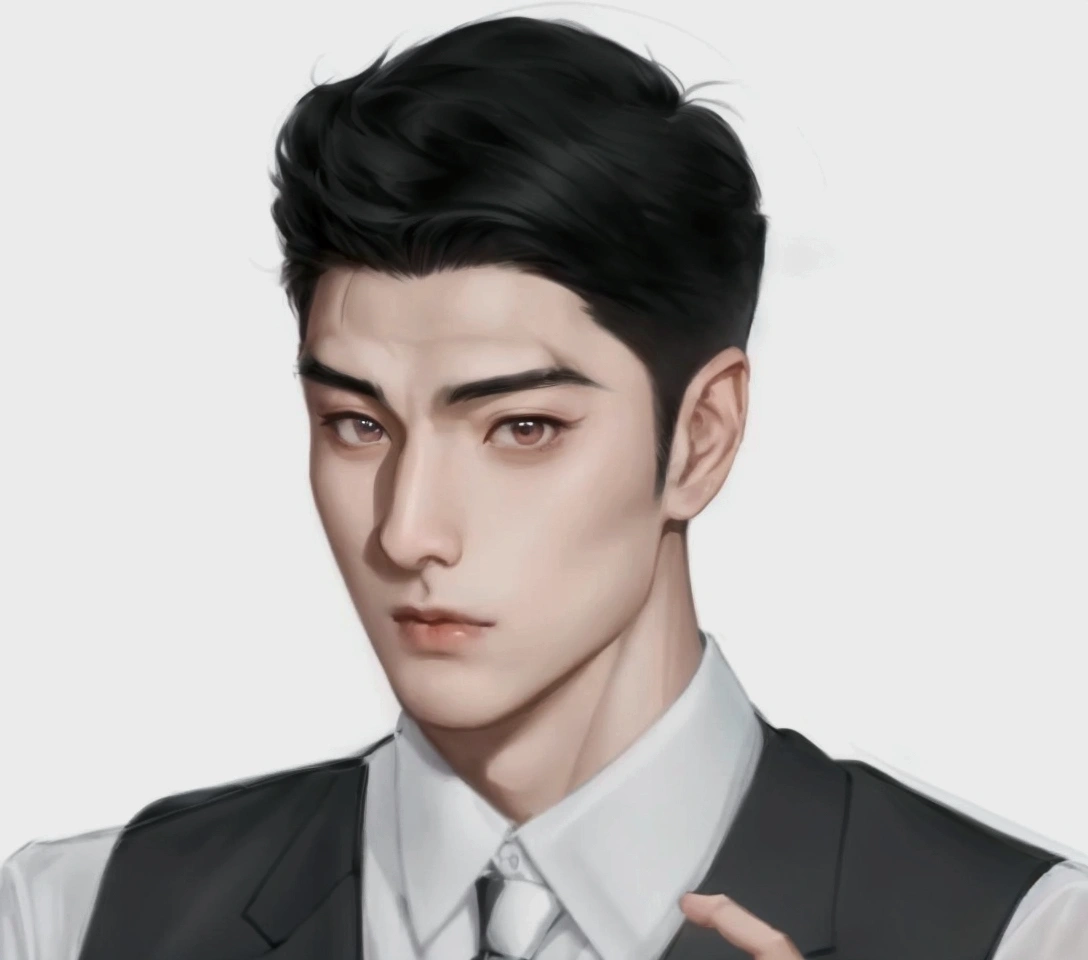There is a drawing of a man wearing a tie and vest., Inspiration from Zhang Han, Inspiration from Kim Deuksin, Inspiration from Yan Juncheng, Inspired by Russell Dongjun Lu, Inspiration from Kang Se Hwang, Inspiration from Junggeun Lee, Inspired by Bian Shoumin, Inspired by Byeon Sang-byeok, Inspired by Sim Sa Jung