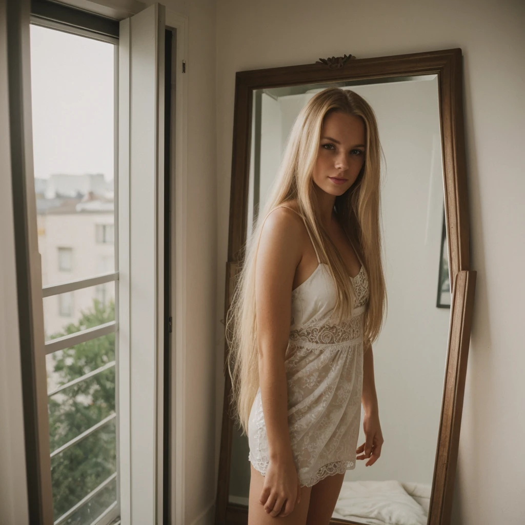 daneater, 1girl, solo, realistic, photorealistic, high quality picture, 8k, high resolution, detailed quality, film grain, natural photo, ultrarealistic, (((25-years-old woman))), Caucasian, (((Scandinavian Face))), (((Background: Nature))), (((Fit))), (((Long-Straight-Blonde Hair))), come hither look, Pose: leaning, she is leaning on a wall beside a window in her apartment in mirror, wearing sexy night dress, ((midnight))
