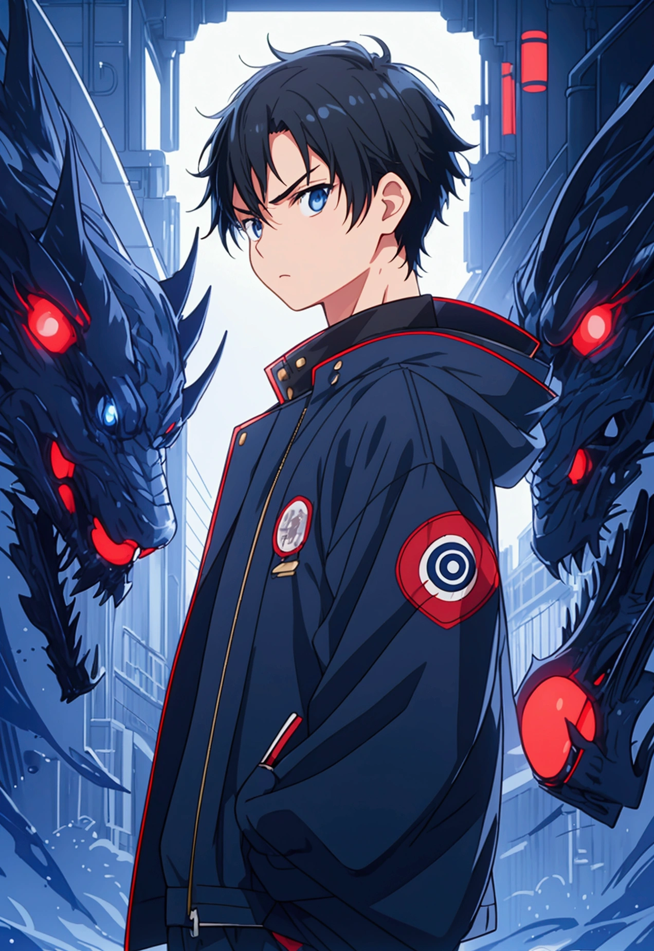 (Best quality), simple background, Japanese novel cover, a boy, short black hair, jacket, looking into the distance, missing his sister, blue jacket, fierce eyes,