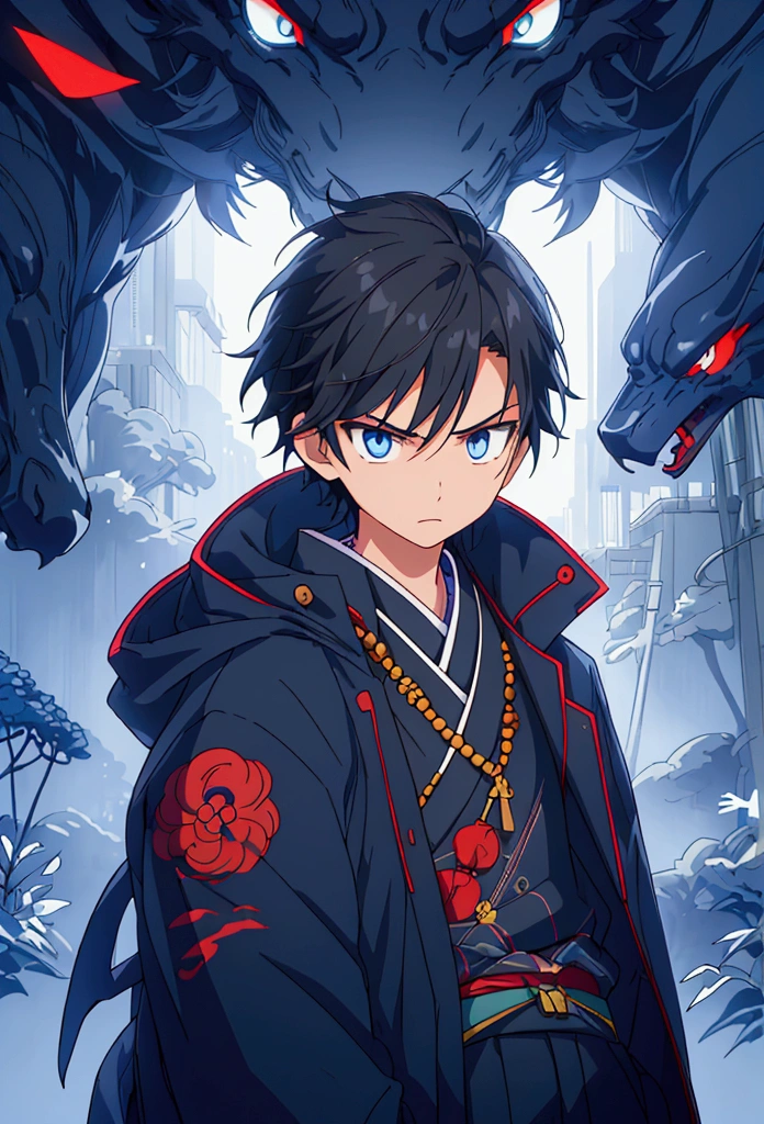 (Best quality), simple background, Japanese novel cover, a boy, short black hair, jacket, looking into the distance, missing his sister, blue jacket, fierce eyes,