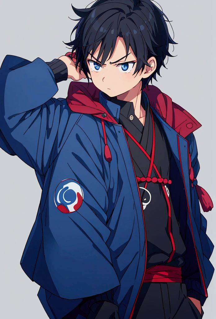 (Best quality), simple background, Japanese novel cover, a boy, short black hair, jacket, looking into the distance, missing his sister, blue jacket, fierce eyes,