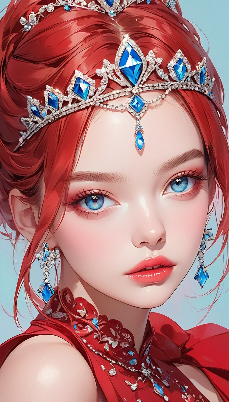the image the computer generated image of a woman in a tiara wearing a red dress, 1girl, blue eyes, solo, looking at viewer, lips, tiara,red hair