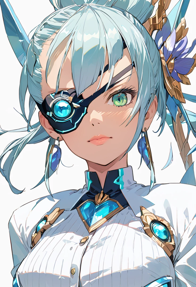 Mikumari \(Xenoblade\)masterpiece, Highest quality, ((1 person)),Blue Hair,Green Eyes,Serious expression, smile,Upper Body,Line art,Medium Hair,White blazer,Black T-shirt,Big Breasts,Bunhead,Black Mask, Expressionless blue eyes,((Kubo Obito Style)) Detailed face, Face Focus, Are standing, Black Hair,(hair ornaments:1.35),office lady, Sleeves edged with ribbon, Removable sleeves, Ribbon trim, Wide sleeves, (View your audience:1.5) Long Hair, iris, bangs, lips,smile,grassland