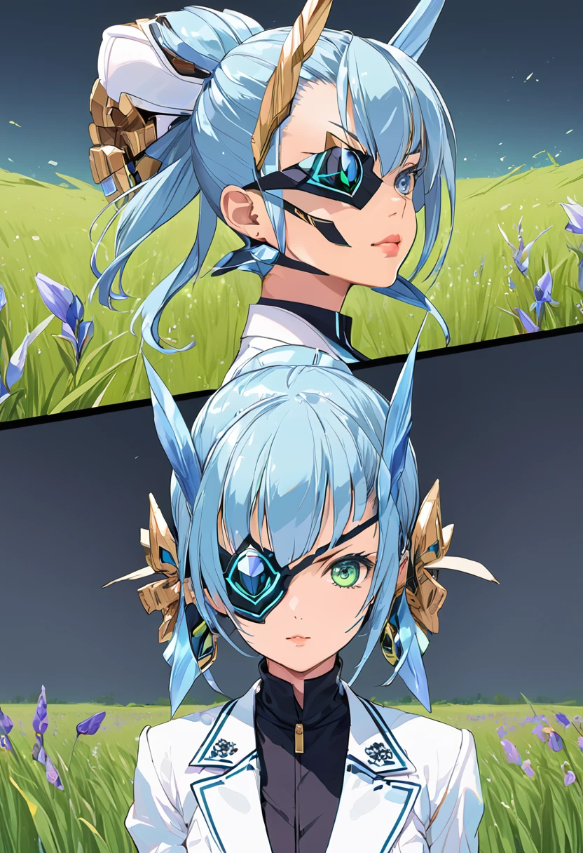 Mikumari \(Xenoblade\)masterpiece, Highest quality, ((1 person)),Blue Hair,Green Eyes,Serious expression, smile,Upper Body,Line art,Medium Hair,White blazer,Black T-shirt,Big Breasts,Bunhead,Black Mask, Expressionless blue eyes,((Kubo Obito Style)) Detailed face, Face Focus, Are standing, Black Hair,(hair ornaments:1.35),office lady, Sleeves edged with ribbon, Removable sleeves, Ribbon trim, Wide sleeves, (View your audience:1.5) Long Hair, iris, bangs, lips,smile,grassland