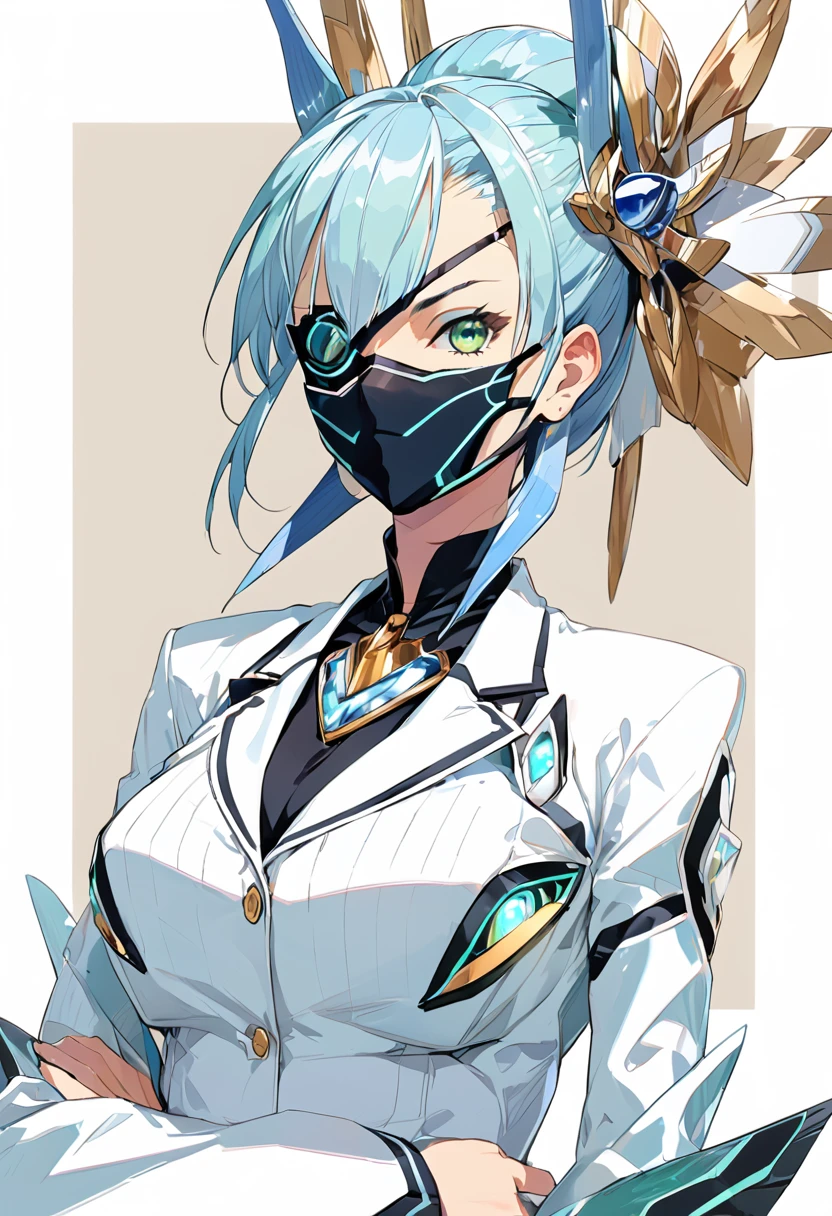 Mikumari \(Xenoblade\)masterpiece, Highest quality, ((1 person)),Blue Hair,Green Eyes,Serious expression, smile,Upper Body,Line art,Medium Hair,White blazer,Black T-shirt,Big Breasts,Bunhead,Black Mask, Expressionless blue eyes,((Kubo Obito Style)) Detailed face, Face Focus, Are standing, Black Hair,(hair ornaments:1.35),office lady, Sleeves edged with ribbon, Removable sleeves, Ribbon trim, Wide sleeves, (View your audience:1.5) Long Hair, iris, bangs, lips,smile,grassland