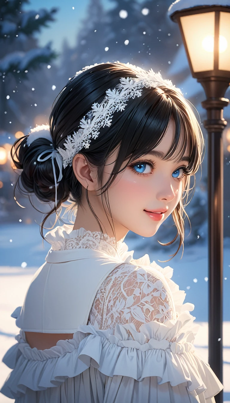 (((masterpiece))),best quality,illustration,4k wallpaper,movie lighting,absurd,1 girl,(snow,ice),in winter,black hair,shiny hair,medium hair,blue eyes,white clothes,frills,lace,leave_Shoulder,hair tie,masterpiece,telephoto lens,absurd,Exquisite face,features,natural light,soft light,(Seven-part combination),epic,Dreamy and magical,mystery,shy,smile,