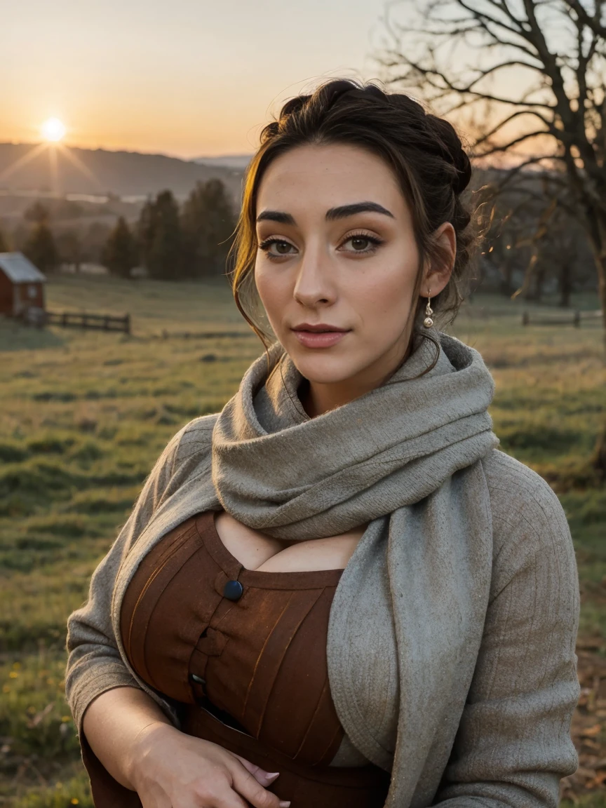 Gorgeous and sultry busty athletic (thin) brunette peasant with sharp facial features wearing a modest updo, messy bun, medieval hair cover, shawl, coarse wool dress, rough-spun grey and brown medieval dress, long sleeves, wide neck, long dress, tight bodice, corset, Middle Ages, cottage, farm, exterior, trees, countryside, evening, sunset.
