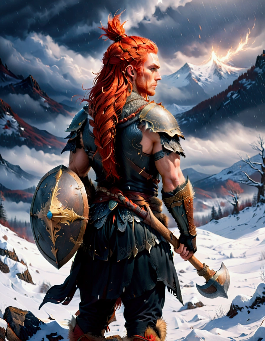 A digital illustration of a warrior seen from behind, Holding the handle of the short axe in one hand, the short axe is carried on the shoulder and a round shield is carried on the back. The warrior has long, braided red hair flowing in the wind. The scene is set in a snowy landscape with a dark, moody atmosphere. The warrior is adorned in dark armor, with birds flying in a cloudy sky. Snow is falling, adding to the overall dramatic and cold environment,close up