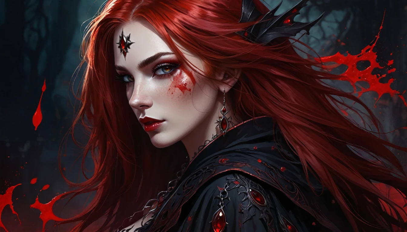 Woman, caucasiana, Eyes red, Red hair, blood witch, profile image, clothing detailed with blood, background with blood around.