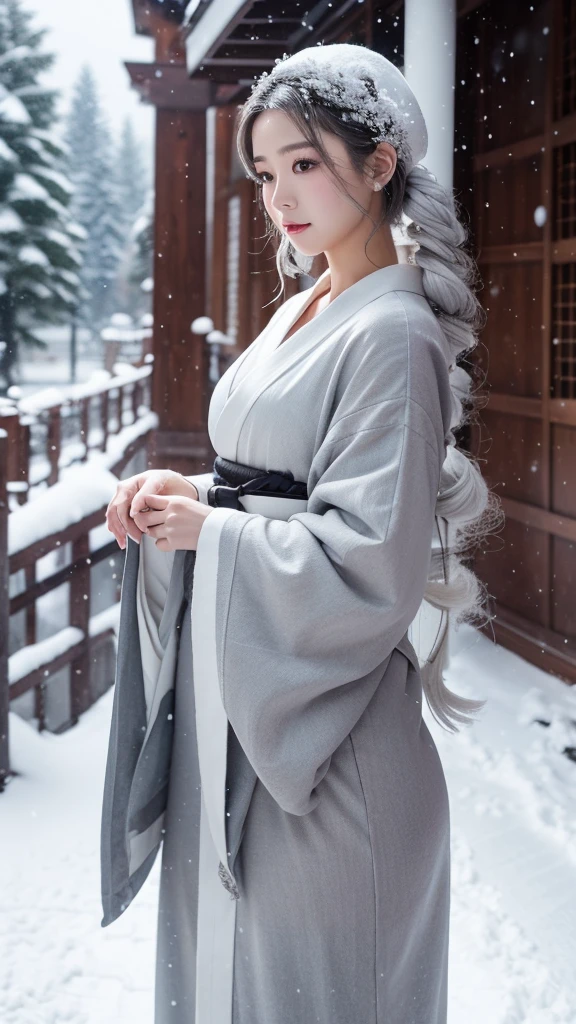 Snow Woman、Gray Hair、White kimono、long hair、Snowstorm