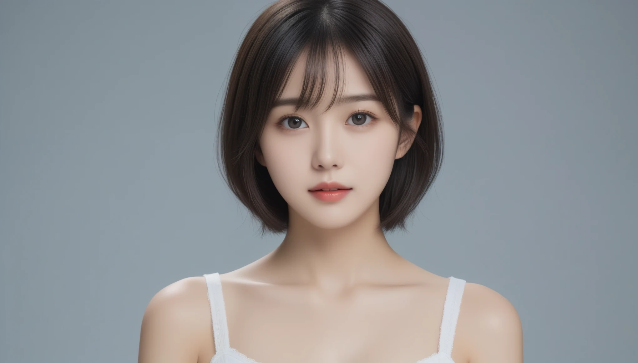 8k, Ultra-high resolution, Highest quality, masterpiece, 三分割法によるphotograph,Surreal, photograph, 1 Girl, (16 years old:1.3), pretty girl, Cute Face, Beautiful eyes in every detail, 細かくdetailedに,masterpiece,One Girl:1.2, Japan Female Announcer,upper body,from below,sad,streaming tears,Black short hair,Messy hair,(black suit:1.3),mourning clothes,(印象派の美しい少女のPortraiture), (Gray background:1.3),(Impressionist light and colour),Realistic Skin, Perfect and beautiful face ,完璧でCute Face, Skin with attention to detail, Perfect limbs、Narrow waist,Looking at the audience、beauty,Long neck,clavicle,(((Ideal body type))),A cup small breasts :2,Portraiture:2,Perfect Anatomy,鮮明なdetailed,detailed,Surreal,Light and shadow,underlighting