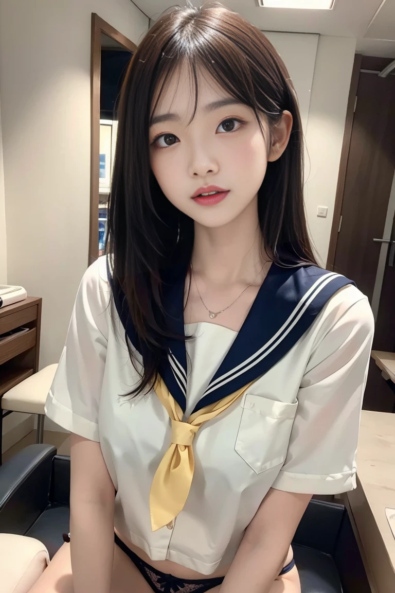 (masterpiece,best quality:1.4),absurdres:1.3,((8k)),((high resolution:1.5)),(raw photo,photo realistic:1.2),(shiny skin),extremely detailed skin,detailed face,detailed eyes,Detailed hand,Detailed Hair,Detailed Background,,1girl,upper body,Japanese idol,Elaborate design,extremely beautiful face,brown hair,Hair ornament, fair-skinned ,random hairstyle,(detailed sailor uniform,,Lace Panties),Indoor, karaoke box, holding microphone, pretty girl singing,,nsfw,大きく足を開く,座る,胸をズーム