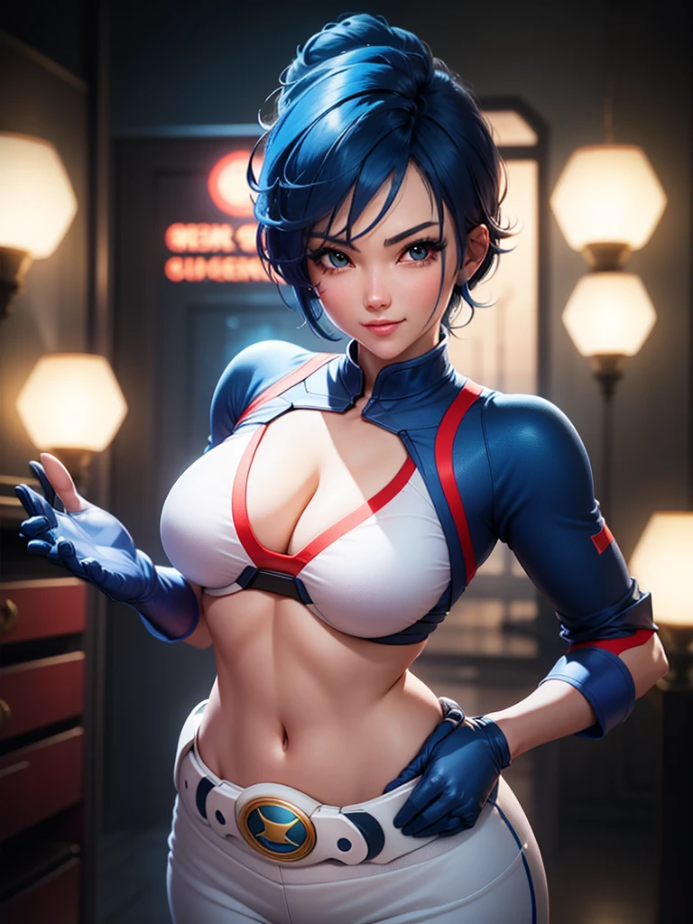 (at night), in a video game scene, a background of a beautiful city during the day raining, standing at attention, semi-short blue hair, goggles on top of her head, blue shirt on her chest, she has the face of a smiling frog type logo, big belt on the waist, blue fingerless gloves, white exercise pants, ((blue hair)), 1 girl, alone, 20 years old, young woman, perfect hands, beautiful fingers, beautiful long legs, beautiful body, beautiful nose, beautiful character design, perfect face, looking at the viewer with serious gesture (focusing on his face), closed mouth, Light_Smile, official art, extremely detailed CG unity 8k wallpaper, perfect lighting, bright and colorful front lighting, skin glossy (masterpiece: 1.0), (best_quality: 1.0), ultra high resolution, 4K, ultra detailed photography, 8K, HDR, high resolution, nonsense:1.2, Kodak portra 400, film grain, blurred background, bokeh:1.2, lens flare, (vibrant_color:1.2), professional photography, (Beautiful, breasts: 1.4), (beautiful_face: 1.5), (narrow waist),