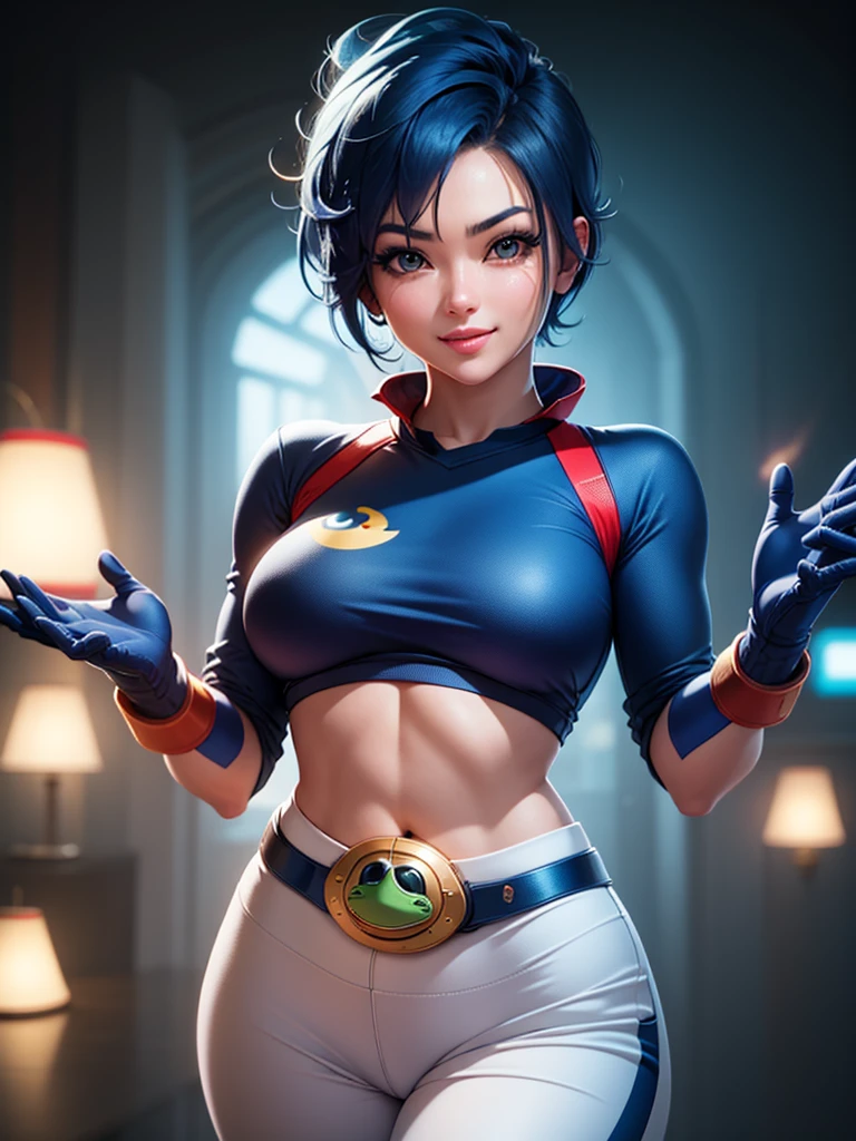 (at night), in a video game scene, a background of a beautiful city during the day raining, standing at attention, semi-short blue hair, goggles on top of her head, blue shirt on her chest, she has the face of a smiling frog type logo, big belt on the waist, blue fingerless gloves, white exercise pants, ((blue hair)), 1 girl, alone, 20 years old, young woman, perfect hands, beautiful fingers, beautiful long legs, beautiful body, beautiful nose, beautiful character design, perfect face, looking at the viewer with serious gesture (focusing on his face), closed mouth, Light_Smile, official art, extremely detailed CG unity 8k wallpaper, perfect lighting, bright and colorful front lighting, skin glossy (masterpiece: 1.0), (best_quality: 1.0), ultra high resolution, 4K, ultra detailed photography, 8K, HDR, high resolution, nonsense:1.2, Kodak portra 400, film grain, blurred background, bokeh:1.2, lens flare, (vibrant_color:1.2), professional photography, (Beautiful, breasts: 1.4), (beautiful_face: 1.5), (narrow waist),
