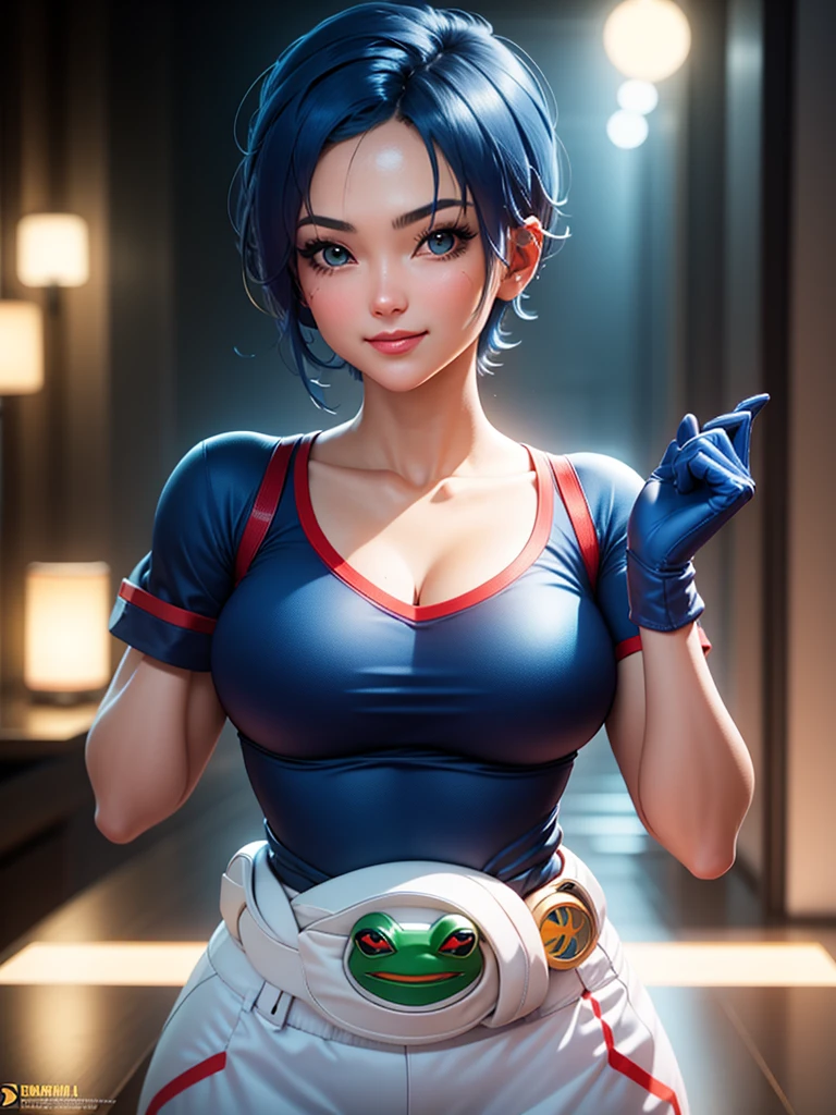 (at night), in a video game scene, a background of a beautiful city during the day raining, standing at attention, semi-short blue hair, goggles on top of her head, blue shirt on her chest, she has the face of a smiling frog type logo, big belt on the waist, blue fingerless gloves, white exercise pants, ((blue hair)), 1 girl, alone, 20 years old, young woman, perfect hands, beautiful fingers, beautiful long legs, beautiful body, beautiful nose, beautiful character design, perfect face, looking at the viewer with serious gesture (focusing on his face), closed mouth, Light_Smile, official art, extremely detailed CG unity 8k wallpaper, perfect lighting, bright and colorful front lighting, skin glossy (masterpiece: 1.0), (best_quality: 1.0), ultra high resolution, 4K, ultra detailed photography, 8K, HDR, high resolution, nonsense:1.2, Kodak portra 400, film grain, blurred background, bokeh:1.2, lens flare, (vibrant_color:1.2), professional photography, (Beautiful, breasts: 1.4), (beautiful_face: 1.5), (narrow waist),