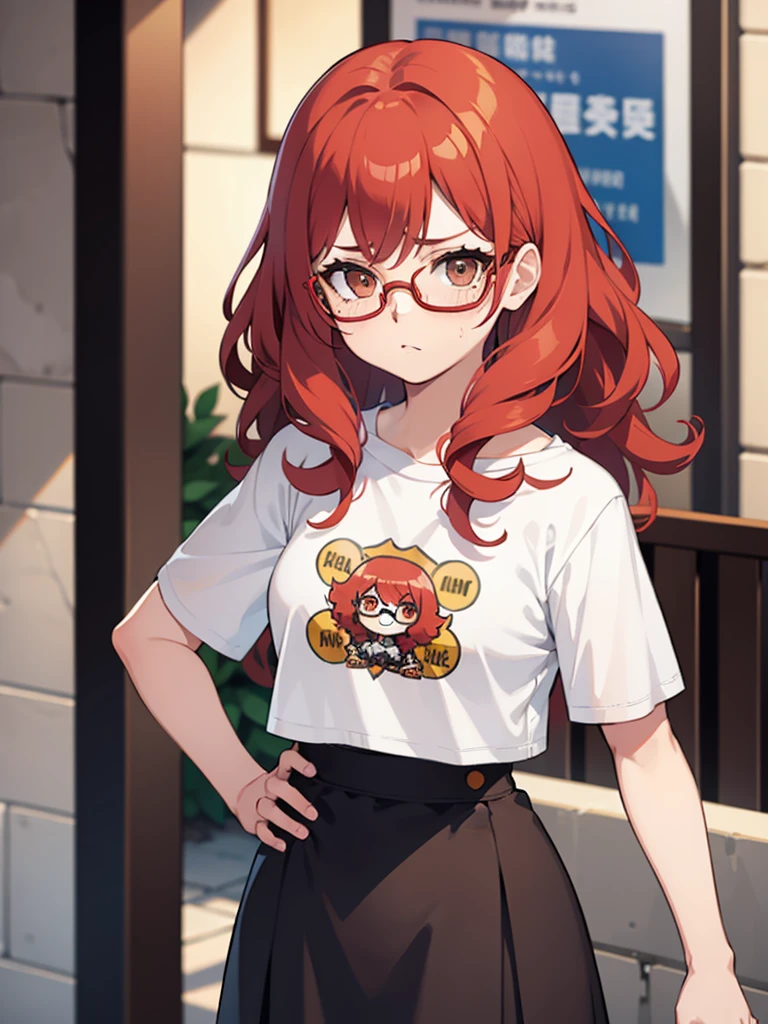 1 girl, Red hair, curly hair, freckles, mad face, circle glasses, gold glasses, brown eyes,  body shape, skirt, cropped t-shirt