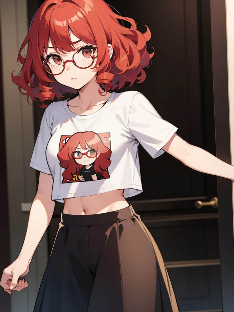1 girl, Red hair, curly hair, freckles, mad face, circle glasses, gold glasses, brown eyes, body shape, skirt, cropped t-shirt