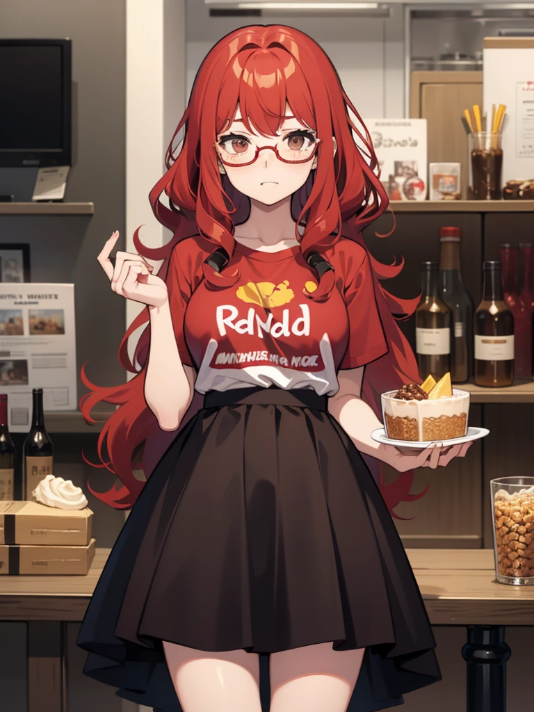 1 girl, Red hair, curly hair, freckles, mad face, circle glasses, gold glasses, brown eyes, body shape, skirt, cropped t-shirt