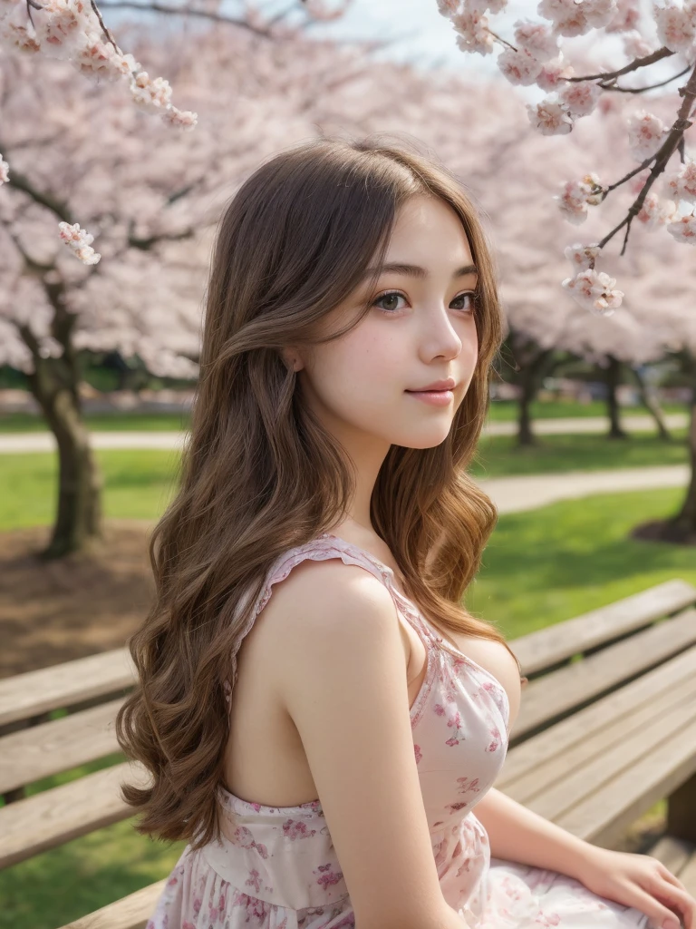 A girl sitting quietly on a park bench, Soak up the peaceful atmosphere, Captured in ultra-detail, oil painting style image. She is very beautiful, highly detailed eyes, Luscious lashes, stare quietly into the distance, Reflects a calm and contented expression. Her plump breasts, perfectly formed lips, incredibly detailed, Gently curve into a small smile. Complex texture, The long curls of her hair flow around her shoulders、Flows down the back, Surrounding Japanese cherry blossoms and soft wood々blends into。, HDR lighting. The scene is filled with faint things, The soothing sounds of birds chirping nearby、