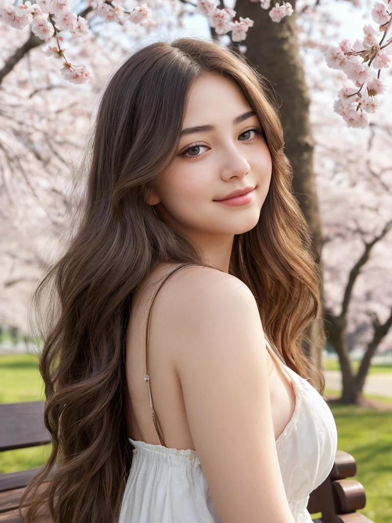 A girl sitting quietly on a park bench, Soak up the peaceful atmosphere, Captured in ultra-detail, oil painting style image. She is very beautiful, highly detailed eyes, Luscious lashes, stare quietly into the distance, Reflects a calm and contented expression. Her plump breasts, perfectly formed lips, incredibly detailed, Gently curve into a small smile. Complex texture, The long curls of her hair flow around her shoulders、Flows down the back, Surrounding Japanese cherry blossoms and soft wood々blends into。, HDR lighting. The scene is filled with faint things, The soothing sounds of birds chirping nearby、