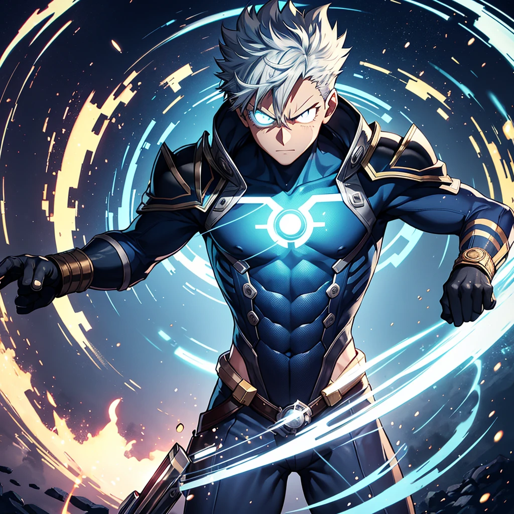 Like a Pro Hero in "My Hero Academia" com um Quirk de Manipulação Temporal e um artefato mágico como o Chronomantic Clock, his appearance would be striking and reflect both his power and his role as a hero. Here's a suggestion of what you might look like:
**hero costume**:
- **'s uniform**: A futuristic and elegant outfit, predominantly in silver and blue colors, symbolizing time and precision. The suit material is strong and flexible, allowing freedom of movement.
- **Chronomantic Clock**: The watch is integrated into your outfit, attached to the wrist or embedded on the chest like an emblem. It glows with a soft light when in use.
- **mask**: A partial mask that covers the upper half of the face, equipped with displays that analyze the environment in real time, helping with the use of Quirk.
- **Accessories**: Special gloves that help channel Quirk more precisely and reinforced boots for greater agility and stability.
**Physical Characteristics**:
- **Height and Body**: Medium to tall height, with an athletic and well-defined physique, reflecting the intensive training required to be a hero.
- **body hair**: body hair de comprimento médio, possibly in a single color or with blue or silver highlights, symbolizing your connection with time.
- **eyeballs**: eyeballs de cor incomum, maybe deep blue or silver, that glow slightly when you use your Quirk, adding a touch of mysticism.
- **Scars and Marks**: Some scars from past battles, showing your experience and resilience, in addition to a possible temporal symbol tattooed somewhere visible, such as on the arm or neck.
Your appearance reflects your unique ability and your status as a respected hero, combining functionality and aesthetics to create an imposing and inspiring image.