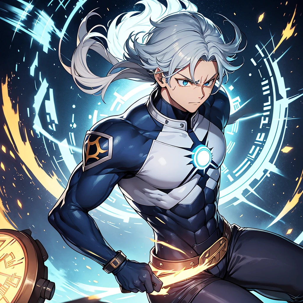 Like a Pro Hero in "My Hero Academia" com um Quirk de Manipulação Temporal e um artefato mágico como o Chronomantic Clock, his appearance would be striking and reflect both his power and his role as a hero. Here's a suggestion of what you might look like:
**hero costume**:
- **'s uniform**: A futuristic and elegant outfit, predominantly in silver and blue colors, symbolizing time and precision. The suit material is strong and flexible, allowing freedom of movement.
- **Chronomantic Clock**: The watch is integrated into your outfit, attached to the wrist or embedded on the chest like an emblem. It glows with a soft light when in use.
- **mask**: A partial mask that covers the upper half of the face, equipped with displays that analyze the environment in real time, helping with the use of Quirk.
- **Accessories**: Special gloves that help channel Quirk more precisely and reinforced boots for greater agility and stability.
**Physical Characteristics**:
- **Height and Body**: Medium to tall height, with an athletic and well-defined physique, reflecting the intensive training required to be a hero.
- **body hair**: body hair de comprimento médio, possibly in a single color or with blue or silver highlights, symbolizing your connection with time.
- **eyeballs**: eyeballs de cor incomum, maybe deep blue or silver, that glow slightly when you use your Quirk, adding a touch of mysticism.
- **Scars and Marks**: Some scars from past battles, showing your experience and resilience, in addition to a possible temporal symbol tattooed somewhere visible, such as on the arm or neck.
Your appearance reflects your unique ability and your status as a respected hero, combining functionality and aesthetics to create an imposing and inspiring image.