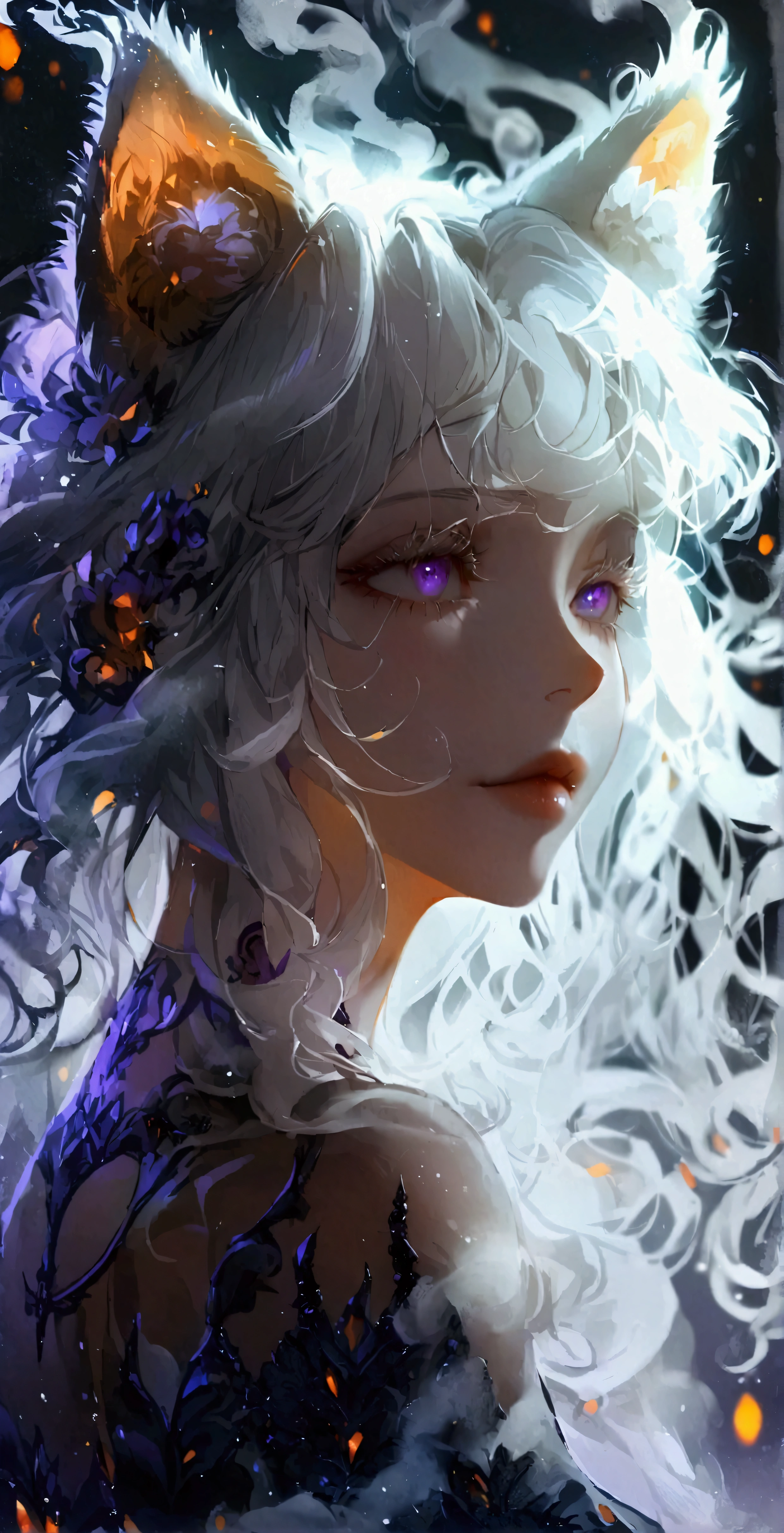 Knee-length wavy hair,White hair is charming, Detailed and precise manual work, Attractive girl, White cat ears,, Purple eyes and white eyelashes,Black Wings,Dark night sky,Dress, Smoke surrounds the body