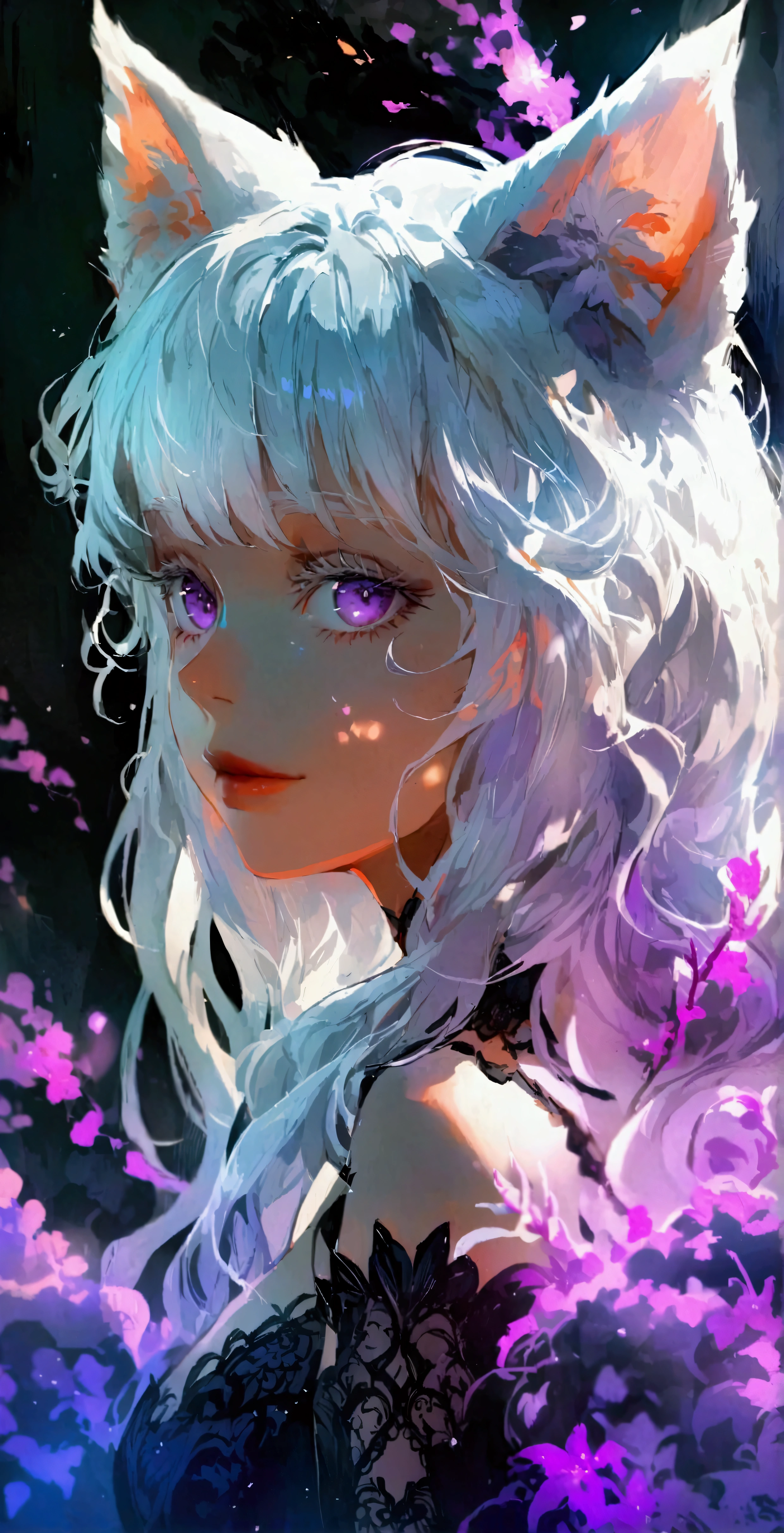 Knee-length wavy hair,White hair is charming, Detailed and precise manual work, Attractive girl, White cat ears,, Purple eyes and white eyelashes,Black Wings,Dark night sky，Dress, Smoke surrounds the body