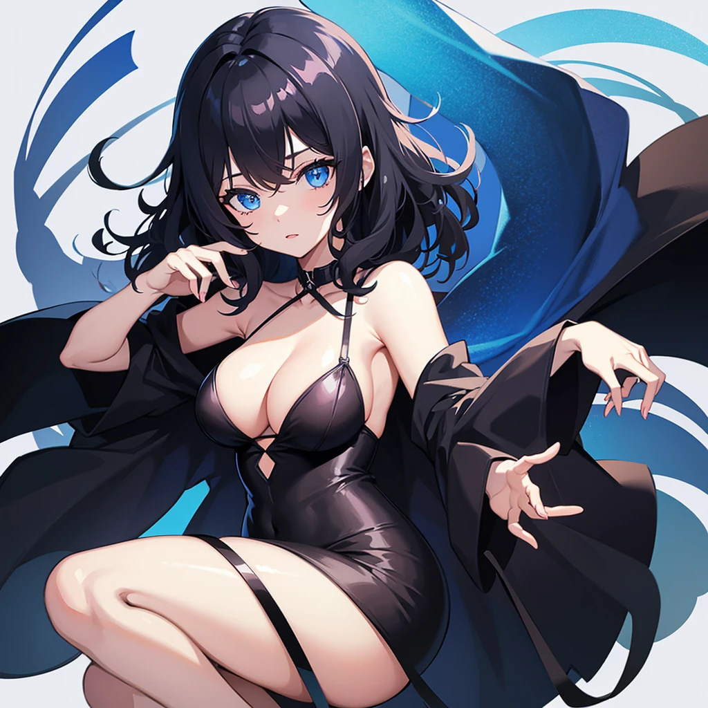 A woman with curly black hair, blue eyes